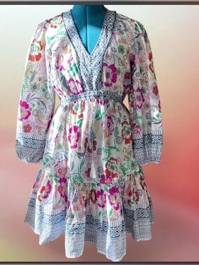 NWT Kaktus Multicolor Floral Cotton Midi Dress Orange, Green, Purple SMALL